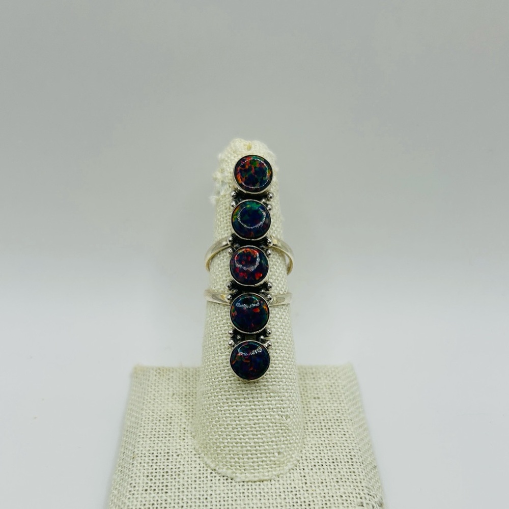 925 Sterling Silver Blue Aurora Opal 5 Stone Southwest Style Long Ring Size 6